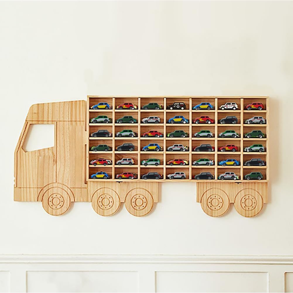 61S5upYL24L._AC_SL1001_.jpg Wood Toy Car Display Rack, Holds 42 Diecast Cars Model Car Display Case 1/64 Scale Toy Cars Organizer Freestanding or Wall-Mounted Toy Car Storage Cabinet - Image 1