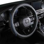 EKR Universal 15 inch Leather Steering Wheel Cover - Genuine Leather, Breathable, Anti Slip & Odor Free (Black with Blue Lines, M(14" 1/2-15" 1/4))