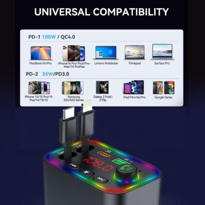 Vitog Retractable Car Charger, Wireless Bluetooth 5.3 FM Transmitter 100W USB C 4 in 1 Fast Car Charger Adapter,iPhone 16 Fast Charging-for iPhone 16 15 14 13 12 Android - Image 4