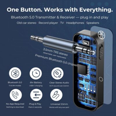 C28 Bluetooth 5.0 Transmitter Receiver, 2-in-1 Wireless 3.5mm Aux Adapter for Old Car Stereo, TV, Record Player, Headphones & Speakers – Plug & Play, No App Needed - Image 6