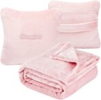 Travel Blanket Pillow, Premium 2 in 1 Flannel Airplane Blanket Compact for Travel,Office, Home,Travel Essentials Accessories for Plane and Car,Compact Office Blanket (Pink)