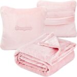 Travel Blanket Pillow, Premium 2 in 1 Flannel Airplane Blanket Compact for Travel,Office, Home,Travel Essentials Accessories for Plane and Car,Compact Office Blanket (Pink)