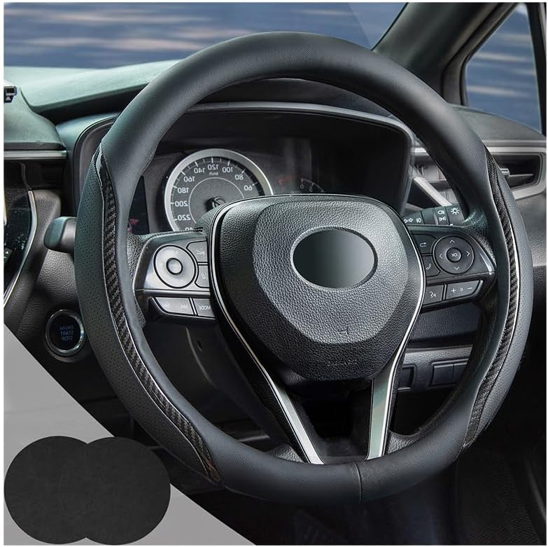 61U5IPr40wL._AC_SL1200_.jpg Steering Wheel Cover Black, Carbon Fiber Car Steering Wheel Covers with Coasters Universal 14.5-15 inch Leather Microfiber Breathable Anti-Slip Steering Wheel Accessories Set - Image 1