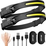 LED Headlamp Rechargeable Flashlight, 2-Pack 230° Wide Beam Headlight with Motion Sensor, Lightweight, Weatherproof, 2 Light Source Head Lamp for Camping Hiking Running Outdoor - Adults and Kids