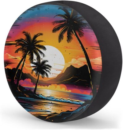 Rv Spare Tire Cover Wheel Sunset Palm Beach Tire Covers Wheel Protectors Universal Fit for Camper RV SUV Truck Travel Trailer Accessories Waterproof Cover 14 inch for Diameter 25-27in - Image 2