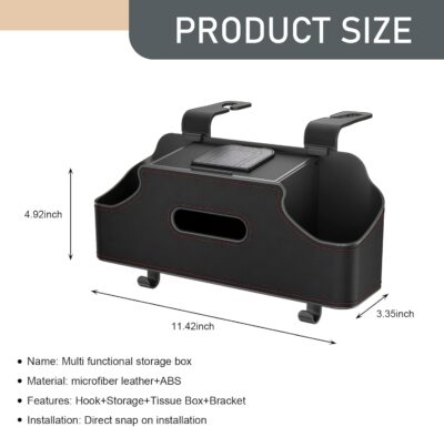 1 PC Car Seat Back Organizer, Car Back Seat Multi-Function Storage Box with 2 Drink Cup Holders, 11.42" x 3.35" Leather Tissue Organizer, Universal for Most Cars, Trucks, SUVs (Black) - Image 2