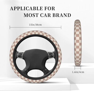 Khaki Checkered Steering Wheel Cover for Women,Universal Auto Steering Wheel 14-15 Inch Car Interior Accessories with 2PCS Car Coasters,Suitable for Men and Women - Image 3
