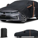 Waterproof Car Cover for 2011-2025 VW Jetta, All Weather Sedan Outdoor Sun UV Rain Dust Snow Wind Protection Cover for Automobiles with Zipper Door & Windproof Bands (Black)