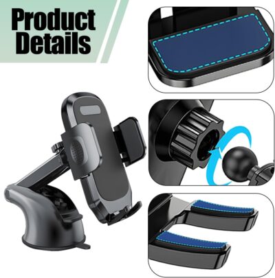 Car Phone Holder, Strong Suction Cup Vehicle Windshield Dashboard Air Vent Cellphone Mount, 360° Rotating Adjustable Smartphone Holder, Universal Automotive Accessories (Black) - Image 4