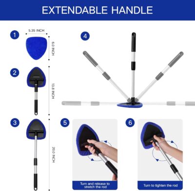 11pcs Windshield Cleaner Tool, Car Window Cleaning Wash Kit with 6 Reusable Microfiber Pads 2 Spray Bottles and Extendable Handles Auto Glass Wiper Kit, Blue - Image 4
