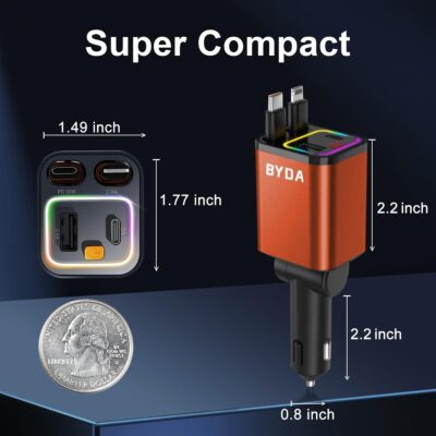 4 in 1 Retractable Car Charger with Starry Light,69W Cigarette Lighter Charger,USB C Fast Car Charger for iPhone 17 Pro Max 16 15 14 13 12 11 (for Apple+Type C &RGB Breathing Light [Orange]) - Image 7