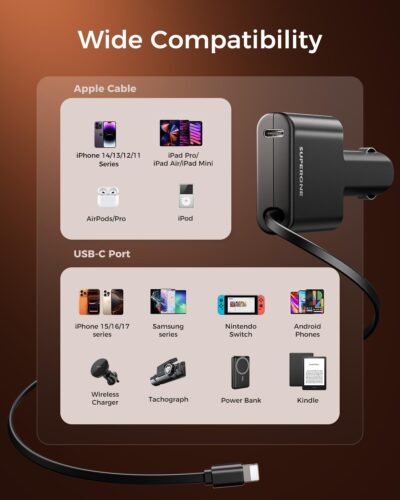 [Ultra Compact] SUPERONE iPhone Retractable Car Charger, Smaller Size Fast Car Charger Adapter with Retractable Apple Cable, Car Chargers for Apple iPhone 14 13 12 11 Pro/XS/XR/Mini/X/iPad/AirPods - Image 7