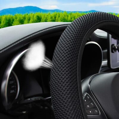 Breathable Stretch Elastic Steering Wheel Cover, Cool in Summer and Warm in Winter, Soft Microfiber Ice Silk Cloth Fabric, Universal 14.5-15 in, Fit Suvs, Vans, Sedans, Cars, Trucks (A-Black+) - Image 2