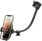 APPS2Car 14'' Gooseneck Car Phone Holder,Heavy Duty Phone Holder for Truck, [Flexibile Long Arm] [Anti Shake stabilizer] Windshield Car Phone Mount Suction Cup,Fit for iPhone, Samsung (Mirror Black)