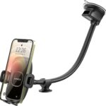 APPS2Car 14'' Gooseneck Car Phone Holder,Heavy Duty Phone Holder for Truck, [Flexibile Long Arm] [Anti Shake stabilizer] Windshield Car Phone Mount Suction Cup,Fit for iPhone, Samsung (Mirror Black)