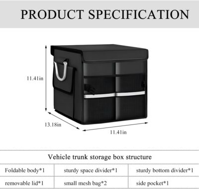Trunk Organizer With Lid, Collapsible Waterproof Oxford Car Organizer with Aluminum Handle Base Plate, 2-Compartment 28L Sturdy Trunk Cargo Storage Organizer for RV SUV Truck (Black) - Image 2