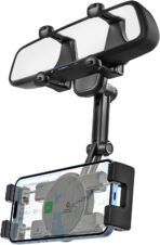 Rear View Mirror Car Phone Holder Clip - [Four Claws Anti-Shake] Cell Phone Mount for Car Rearview Mirror with 360° Rotatable & Retractable for iPhone Air 17 Pro Max 16 15 14 13 12, 4-7" Smartphones