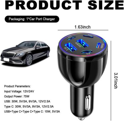 6 Port Car Charger USB C & USB A,75W Ultra-Fast Car Charger Adapter with Super/PD30W/PD/3.1A,Universal 12V/24V Cars Lighter USBs Adapter Cars Ports Chargers for Phone,Tablet - Image 2