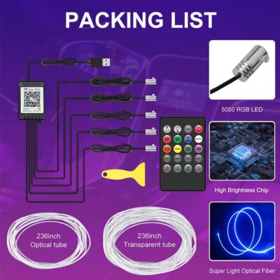 Car LED Interior Strip Lights, TEKSHINNY RGB Car Interior LED Light Wireless APP and Remote Control, 5 in 1 Ambient Lighting Kit with 236 Inches Fiber Optic, EL Wire Lights for Car Inside - Image 3