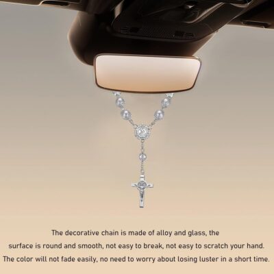 Ohleats Car Rosary for Rearview Mirror, Personalized Rear View Cross Blessing Beads Decor, Auto Rearview Catholic Rosary Hanging Pendant, Car Interior Hanging Accessories (Silver) - Image 4