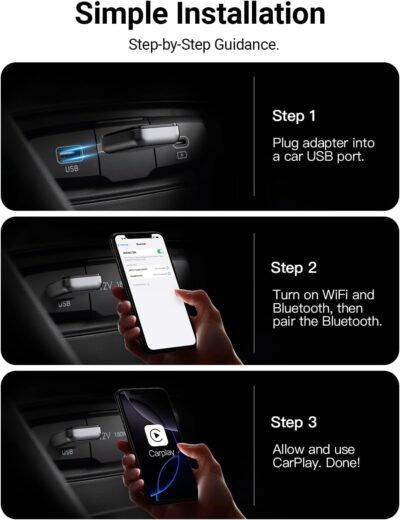 2-in-1 Mini Wireless CarPlay Adapter for iOS Android Auto Plug and Play Low Latency Portable Carplay Adapter Converts Wired to Wireless CarPlay for iOS10+/Android 11+, Gray - Image 7