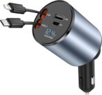 Paiholy 4 in 1 Retractable Car Charger,Fast USB C Car Charger 120W with Dual Retractable Cable Dual USB Ports,Voltage Display Compatible with iPhone 15 Pro Max/14/13/12,Galaxy S23/ S22/S10