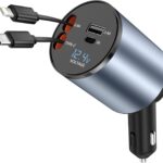 Paiholy 4 in 1 Retractable Car Charger,Fast USB C Car Charger 120W with Dual Retractable Cable Dual USB Ports,Voltage Display Compatible with iPhone 15 Pro Max/14/13/12,Galaxy S23/ S22/S10