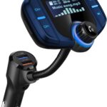 Sumind 2026 Upgraded Wireless Bluetooth Car Adapter FM Transmitter, 1.7'' LCD Display, Flexible Gooseneck, 20W QC3.0&Dual USB Ports, AUX Input/Output for Hands-Free Call, Micro/TF Card(Blue,Normal)