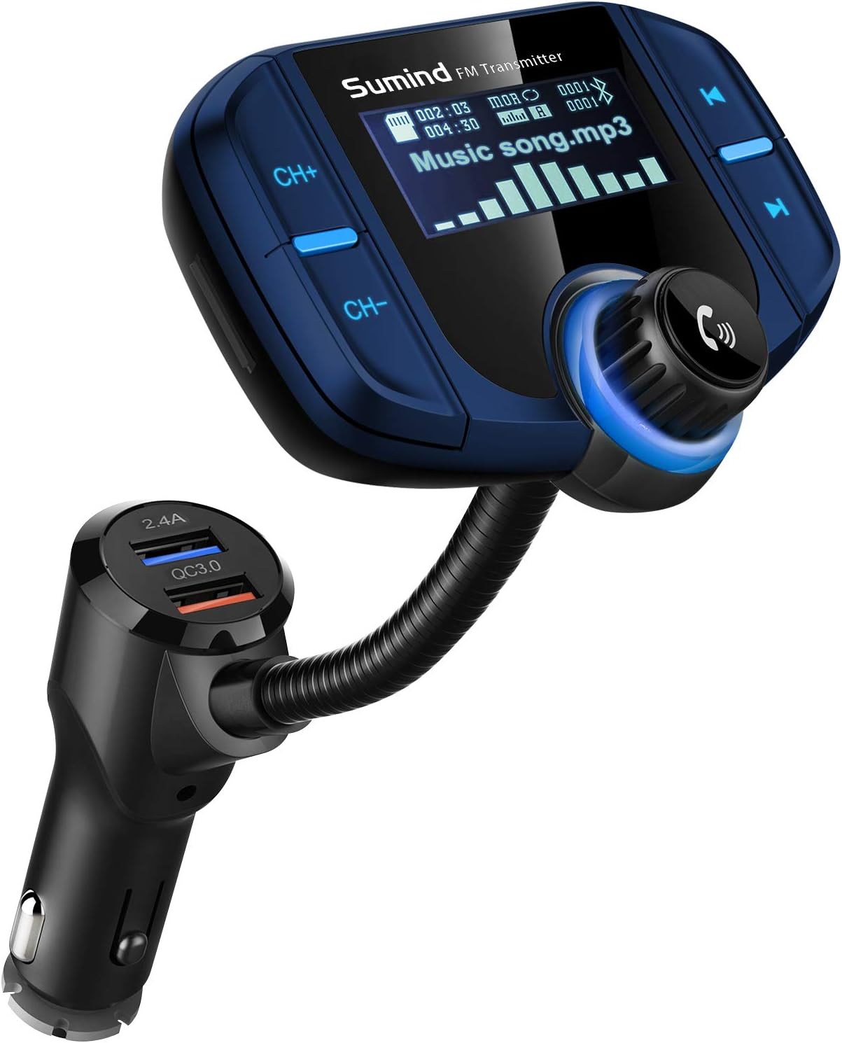 61eeKx2WshL._AC_SL1500_.jpg Sumind 2026 Upgraded Wireless Bluetooth Car Adapter FM Transmitter, 1.7'' LCD Display, Flexible Gooseneck, 20W QC3.0&Dual USB Ports, AUX Input/Output for Hands-Free Call, Micro/TF Card(Blue,Normal) - Image 1