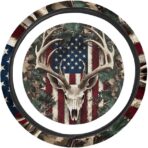 SEANATIVE Universal Fit Car Neoprene Steering Wheel Cover American Flag with Camo Deer Pattern 14-15 Inch Anti-Slip Wheel Protector for SUV Sedan Vans Trucks