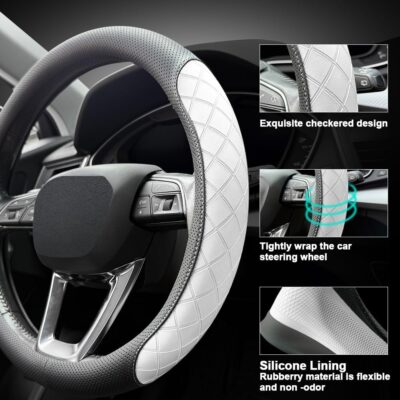 LKWLIKEI Nappa Leather Steering Wheel Cover, Elegant Diamond Checkered Design, Non-Slip wear-Resistant, Enhance Driving Comfort, Suitable for Steering Wheel Diameter 14 1/2‘-15’ Models.Black White - Image 3