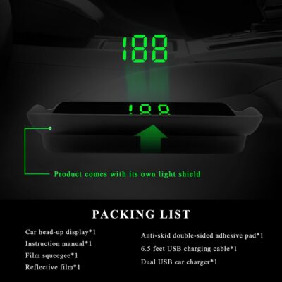 Heads Up Display for Car, Windshield Projection Digital Speedometer with USB Cable & Car Charger Adapter, Plug and Play HUD w/Large Font Display & Overspeed Alarm for Most Vehicles (KM/H) - Image 3