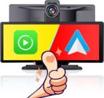 10.26" Wireless Apple CarPlay Screen for Car with Dash Cam, Portable Android Auto Display, Bluetooth/AUX/FM Audio, Voice Control, Plug & Play Dashboard Mount