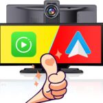 10.26" Wireless Apple CarPlay Screen for Car with Dash Cam, Portable Android Auto Display, Bluetooth/AUX/FM Audio, Voice Control, Plug & Play Dashboard Mount