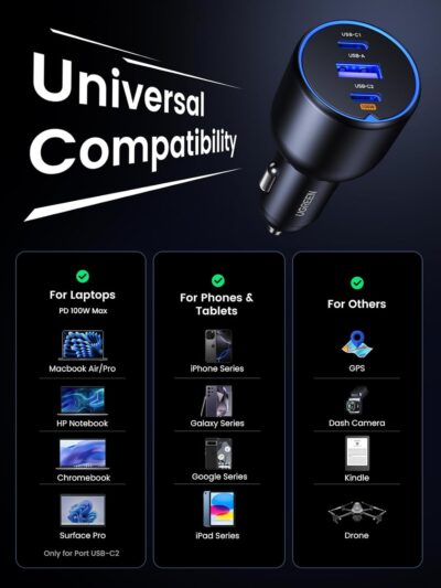 UGREEN 130W USB C Car Charger, PD 100W +PD 30W Type C Car Charger Adapter Compatible with iPhone 17/17 Air/17 Pro/17 Pro Max/16/15/14/13/12 Series, Galaxy S24 S23 Ultra, iPad, MacBook, and More - Image 6