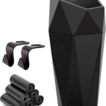 Ginsco Car Trash Can Cup Holder, Mini Car Trash Can with Lid, Car Accessories for Interior, Leakproof Small Trash Cup for Car, Home, Office, Bedroom with Additional 2 Hooks and 90pcs Trash Bags Black