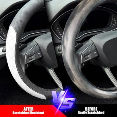 LKWLIKEI Nappa Leather Steering Wheel Cover, Elegant Diamond Checkered Design, Non-Slip wear-Resistant, Enhance Driving Comfort, Suitable for Steering Wheel Diameter 14 1/2‘-15’ Models.Black White - Image 5