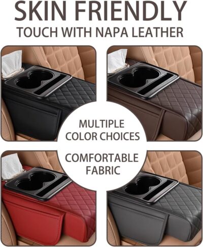 HZEL Car Center Console Cover, Leather Vehicle Armrest Cushion with Storage Bags, Cup Holder ＆ Tissue Box, Waterproof Auto Interior Arm Rest Seat Box Pad, Universal Fit (Wine Red) - Image 4