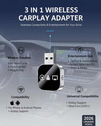 3 in 1 Wireless Carplay Adapter, Car Screen Mirroring Converter, 2026 Upgrade Mirror iOS Phone for iPhone/Airplay/Apple/Android, Bluetooth Auto Link, Wired to Wireless, Plug & Play (for iPhone) - Image 3