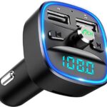 Bluetooth FM Transmitter for Car, Blue Ambient Ring Light Wireless Radio Car Receiver Adapter Kit with Hands-Free Calling, Dual USB Charger 5V/2.4A and 1A, Support SD Card, USB Disk (Black)