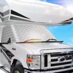 BougeRV RV Windshield Window Snow Cover for Class C Ford E450 1997-2025 Motorhome, Windshield Cover for Ice and Snow RV Front Window Sunshade Cover RV Accessories 4 Layers with Mirror Cutouts Silver