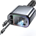 4 in 1 Retractable Car Charger with Starry Light,69W USB-C Fast Car Charger, for iPhone 17/16/15/14/13/12/11, Android,Pixel,Cigarette Lighter Charger (for Lightning+USB-C)