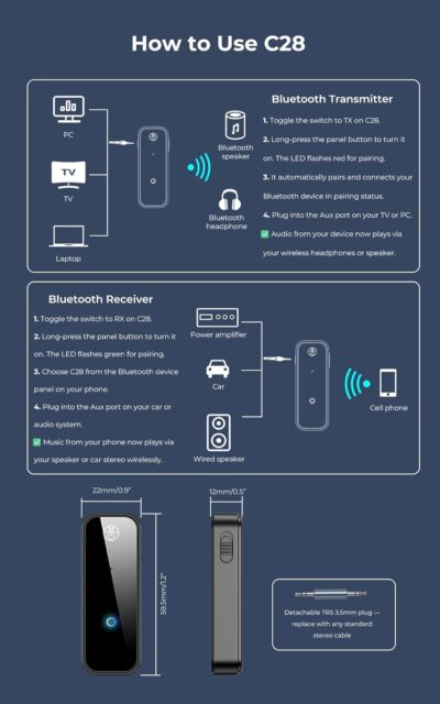 C28 Bluetooth 5.0 Transmitter Receiver, 2-in-1 Wireless 3.5mm Aux Adapter for Old Car Stereo, TV, Record Player, Headphones & Speakers – Plug & Play, No App Needed - Image 7