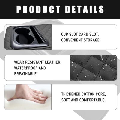 Yourkar Car Center Console Armrest Pillow, Waterproof Car Armrest Cover Cushion with Cup and Phone Holder, Memory Foam Arm Rest Box Protector for Most Vehicles, Car Accessories (Black) - Image 3