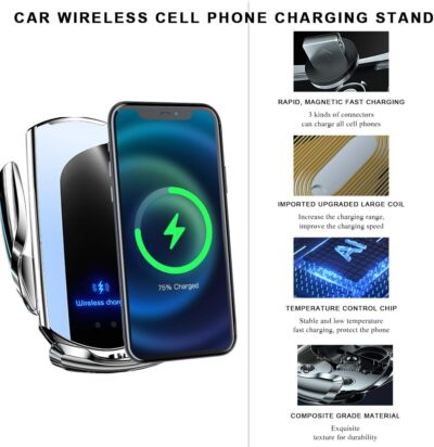 Wireless Car Charger, 15W Fast Charging Air Vent Mount Auto-Clamping Phone Holder, Automotive Electric Induction Charger 360° Rotating Magnetic Vent Mount Bracket for Smartphones (Silver) - Image 3