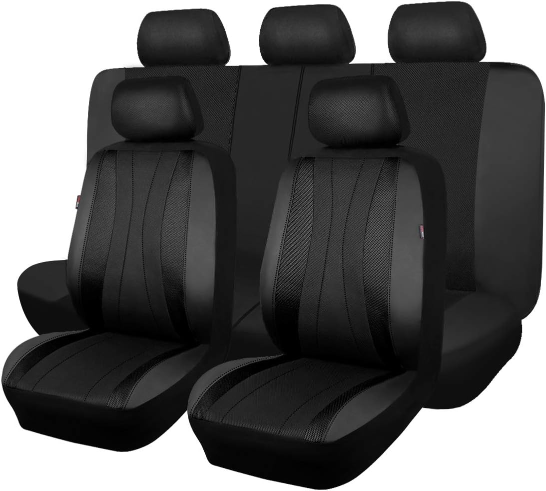 61knNpwxmQL._AC_SL1200_.jpg Flying Banner car seat Covers Full Set Faux Leather Air Mesh Breathable Man Lady Airbag Compatible Rear Bench Split 40/60 50/50 60/40 Truck Pick Up (Full Set - Low Back, Black Black) - Image 1