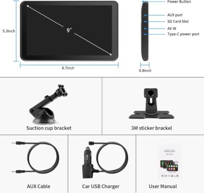 CarPlay Screen for Car, 9'' Wireless CarPlay & Android Auto - Smart Portable Touchscreen with Bluetooth/FM, Mirror Link, Voice Control, GPS Navigation, Plug & Play Car Play Screen, Silver - Image 7