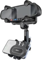 IPOW Large Rearview Mirror Phone Holder for Car 360°Rotatable and Retractable, 2024 Upgraded Four Corners Fixed Anti-Shake Multifunctional Design for All Phones and All Car Rearview Mirror with Button