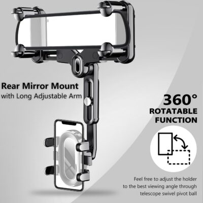 PKYAA Rearview Mirror Phone Holder for Car, 360° Rotating Rear View Mount with Adjustable Arm Length, Upgraded Four Corners Fixed Anti-Shake Multifunctional Design for All Smartphones - Image 2