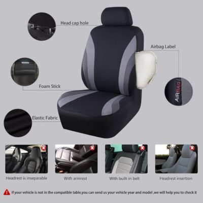 CAR PASS Line Rider Sporty Cloth 11PCS Universal Fit Car Seat Cover -100% Breathable with 5mm Composite Sponge Inside,Airbag Compatible,3zipper Bench(Full Set, Black and Gray) - Image 3